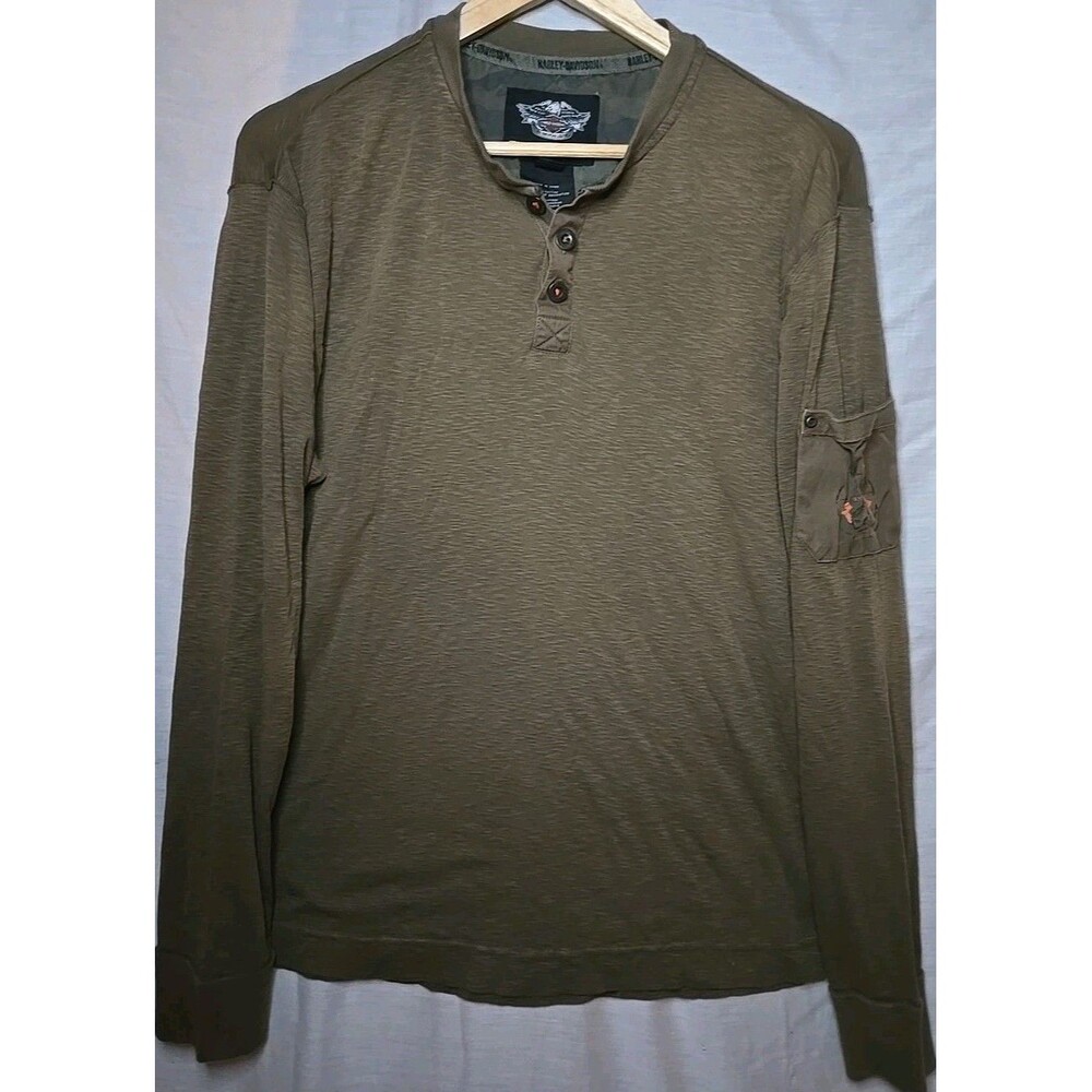 Harley Davidson Motorcycles Long Sleeve Henley Button Up Logo Shirt, Sz Large